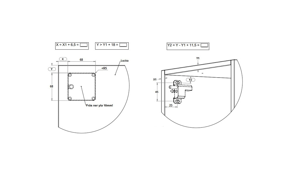 Diagram and formula for calculating where to position hole patterns for a lock recessed in the door, Lock plate A – Catapult, on overlay doors