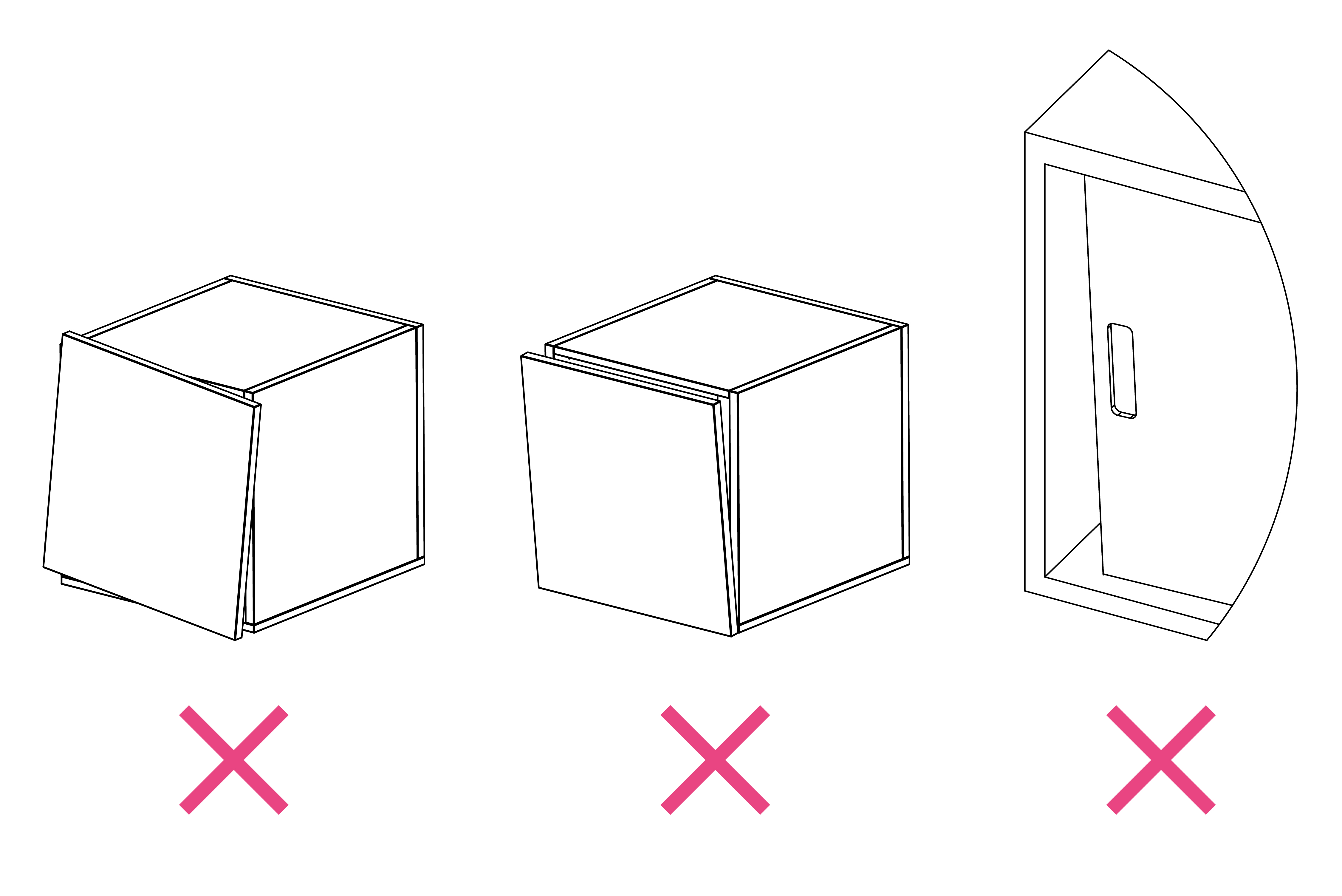 Diagram of drawers and sliding doors that have not been assembled parallel and are incorrectly adjusted