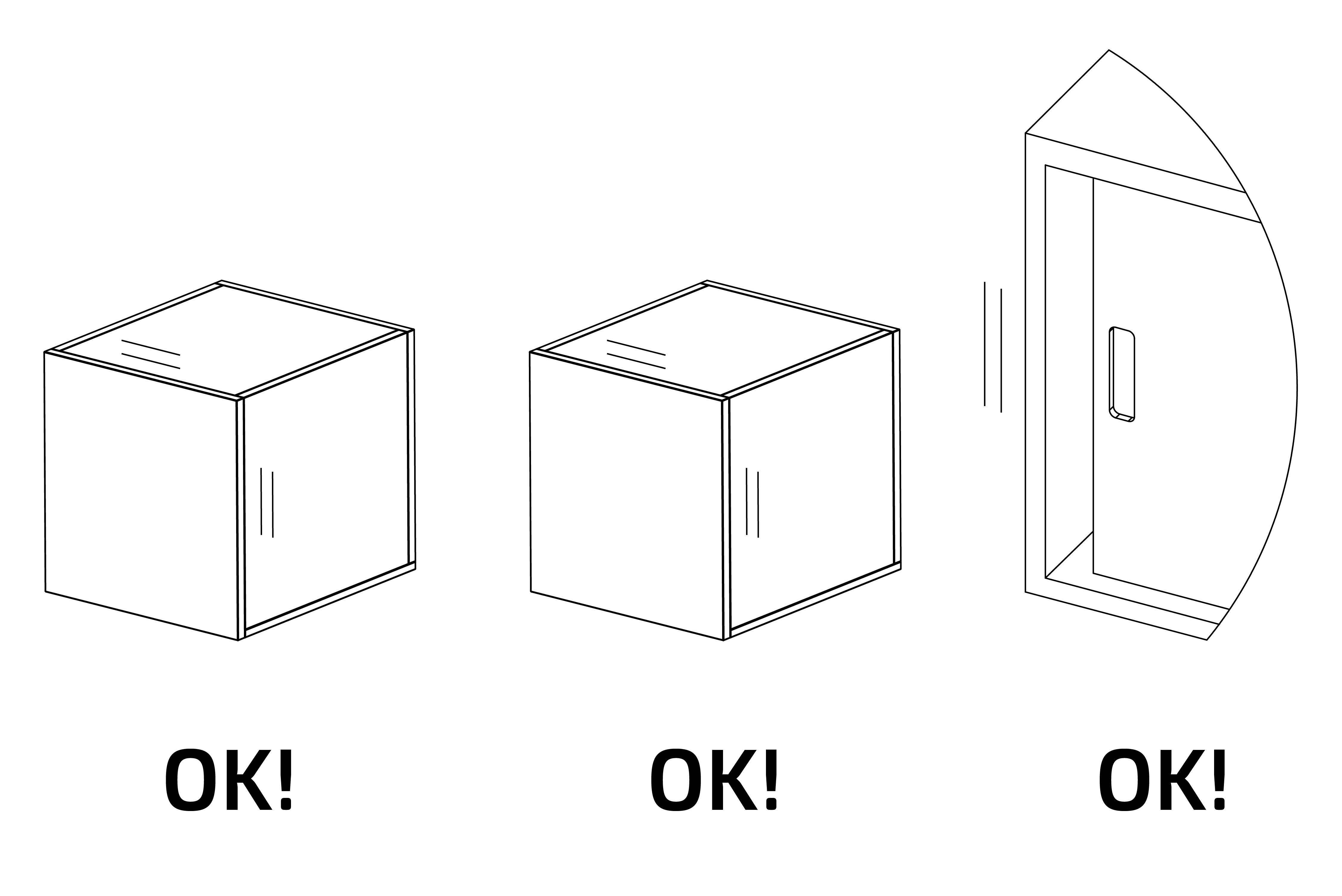 Diagram of drawers and sliding doors that have been assembled parallel and are correctly adjusted